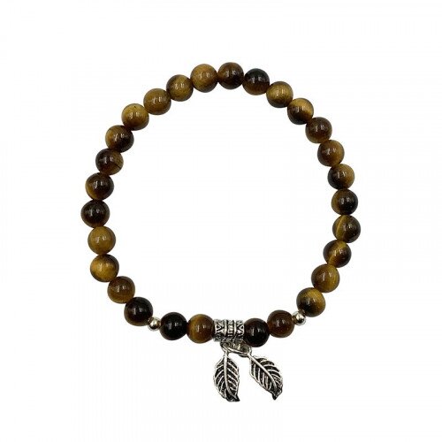 BRACELET 6 MM FEUILLE + BILLES OEIL DE TIGRE  ARGENT