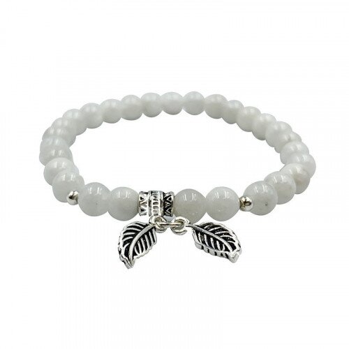 BRACELET 6MM FEUILLE + BILLES PIERRES DE LUNE   ARGENT
