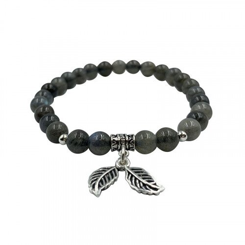 BRACELET 6 MM FEUILLE + BILLES LABRADORITE   ARGENT